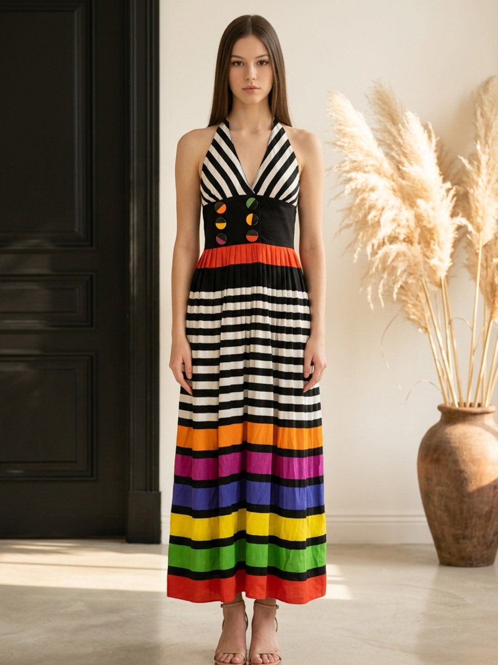 Vintage Striped Halter Dorothy Shoelen Maxi Dress with Rainbow Bands